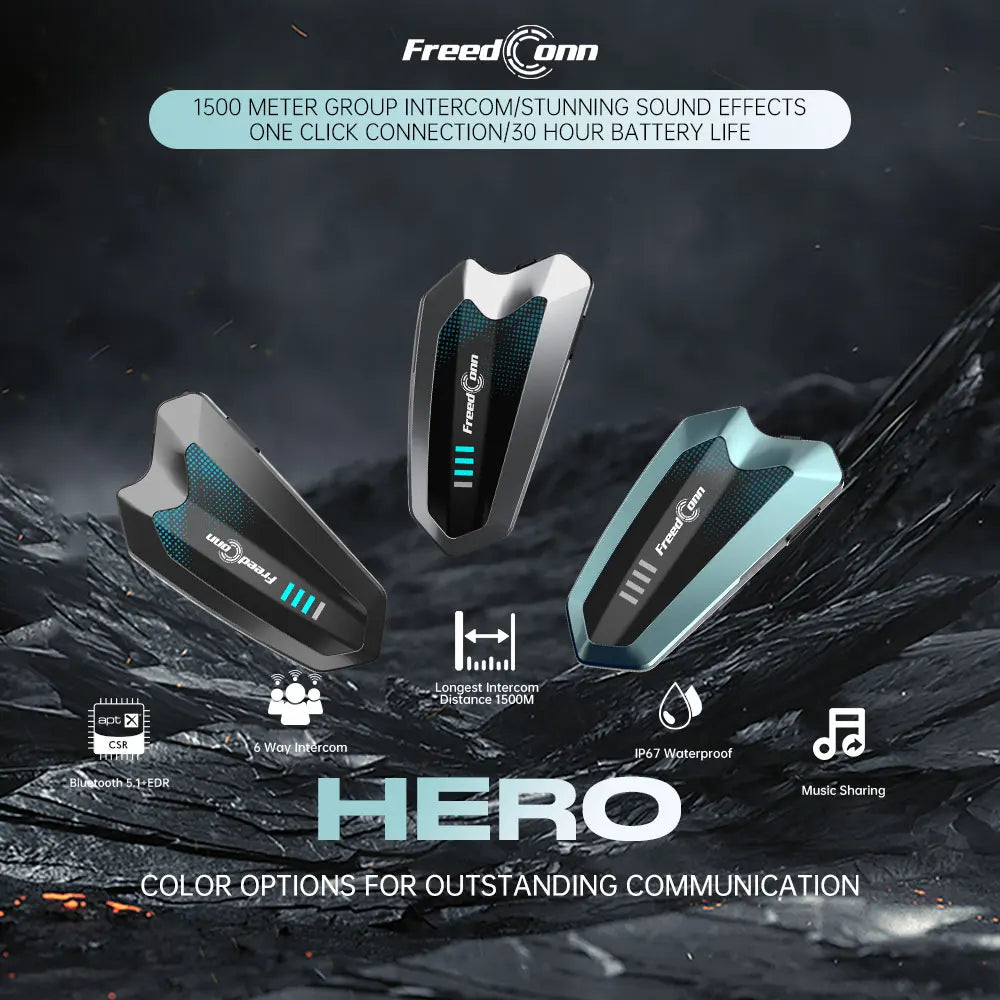 FREEDCONN HERO Motorcycle Bluetooth Intercom – 6-Rider 1500m