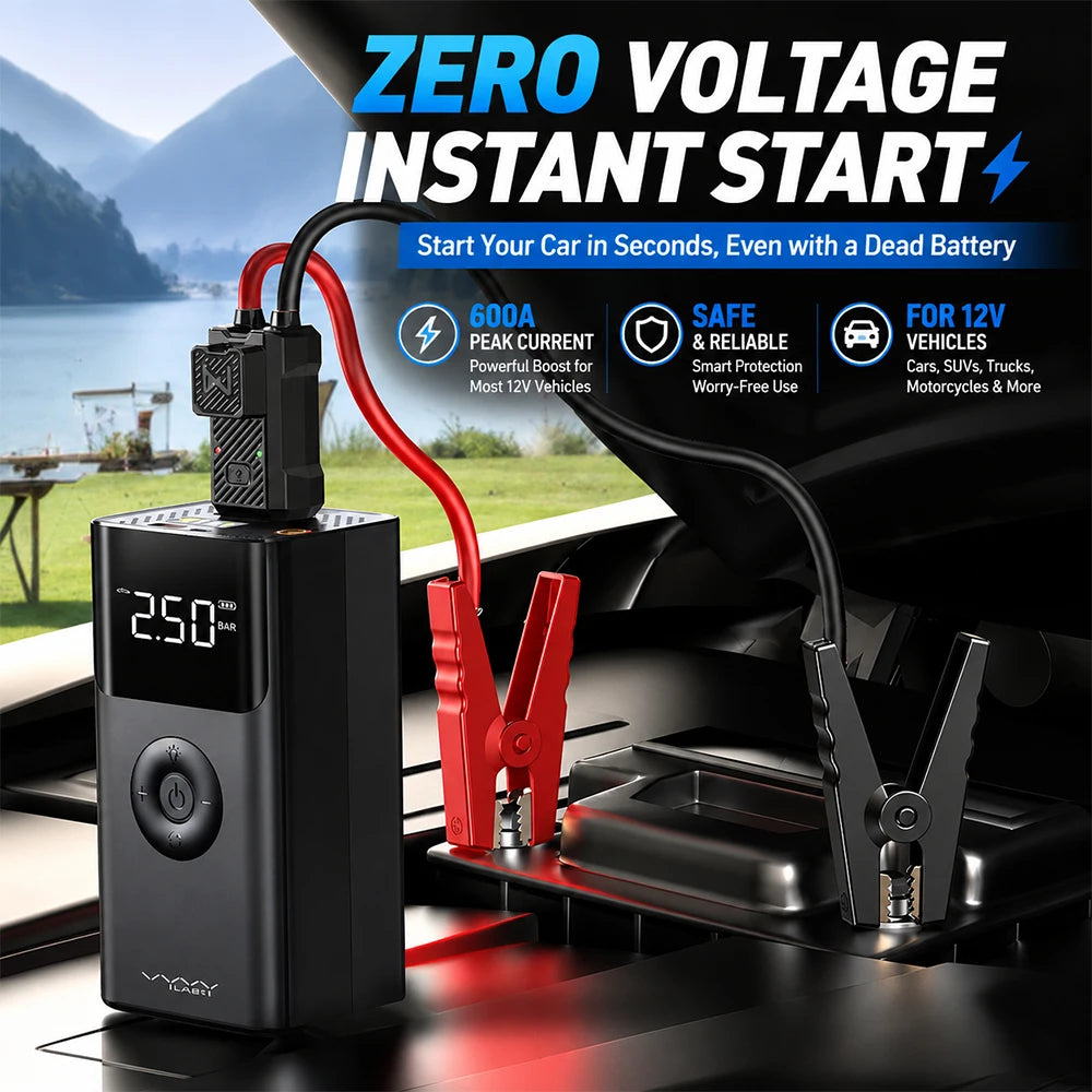 Motorcycle Jump Starter 12V 600A with Air Compressor Portable Power Bank Tyre Inflator LED Lighting Battery Booster