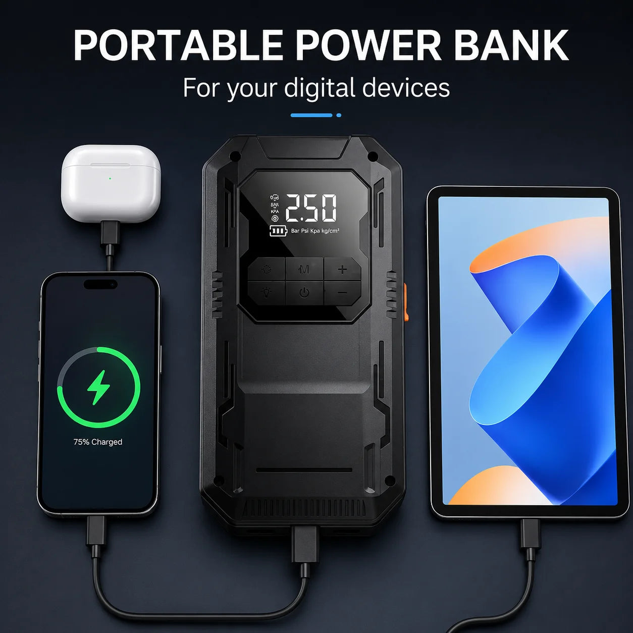 Motorcycle Jump Starter 4-in-1 with 150PSI Cordless Air Pump 12V Battery Booster Digital Tyre Inflator with LED Light