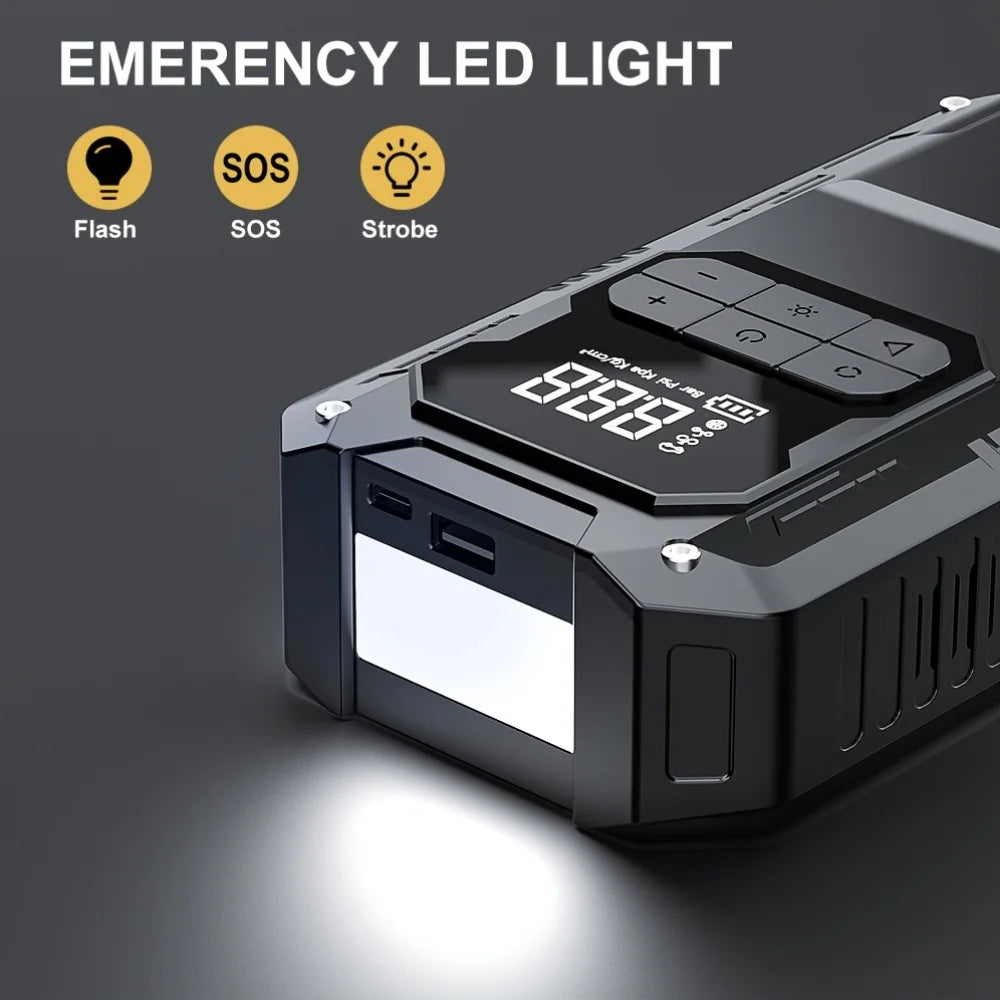 Motorcycle Jump Starter 4-in-1 with 150PSI Cordless Air Pump 12V Battery Booster Digital Tyre Inflator with LED Light