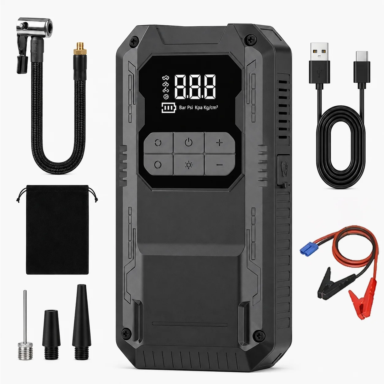 Motorcycle Jump Starter 4-in-1 with 150PSI Cordless Air Pump 12V Battery Booster Digital Tyre Inflator with LED Light