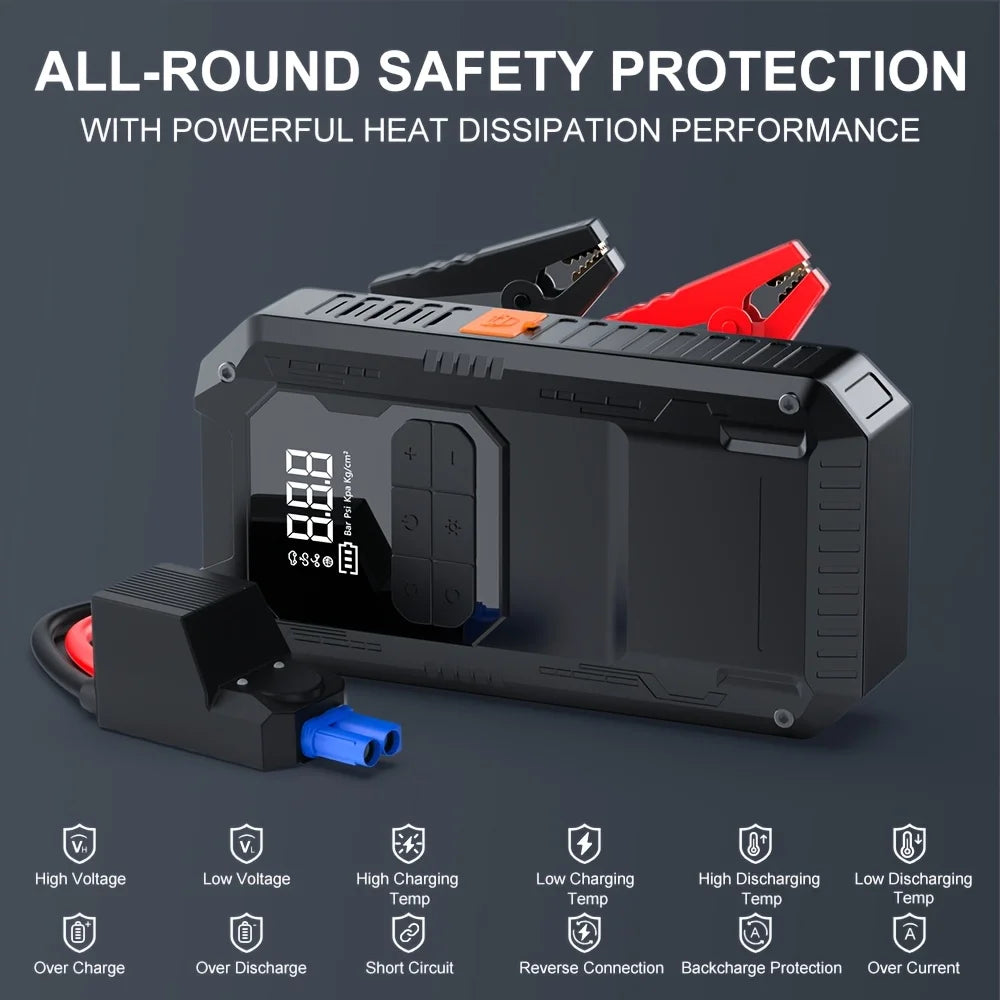 Motorcycle Jump Starter 4-in-1 with 150PSI Cordless Air Pump 12V Battery Booster Digital Tyre Inflator with LED Light