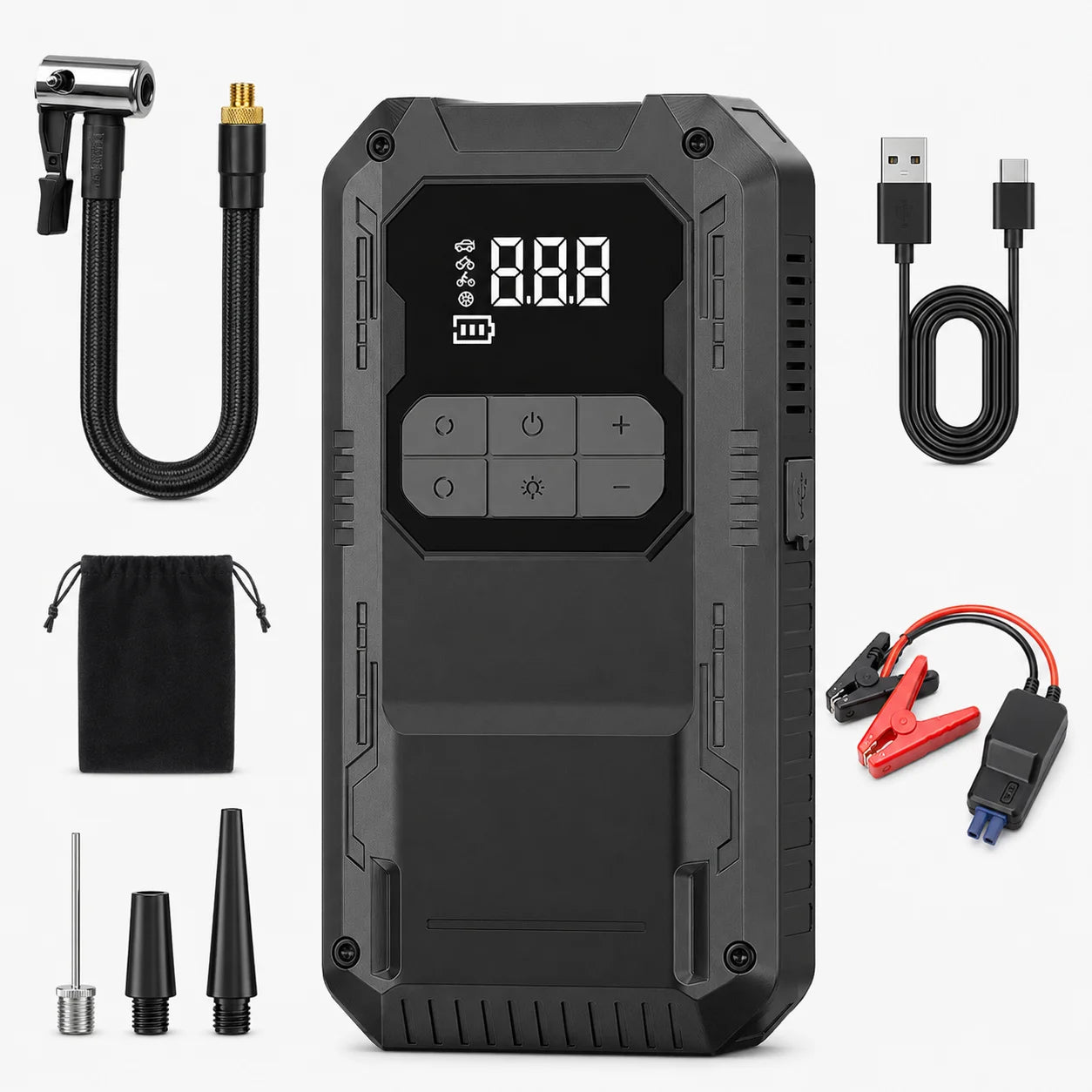 Motorcycle Jump Starter 4-in-1 with 150PSI Cordless Air Pump 12V Battery Booster Digital Tyre Inflator with LED Light