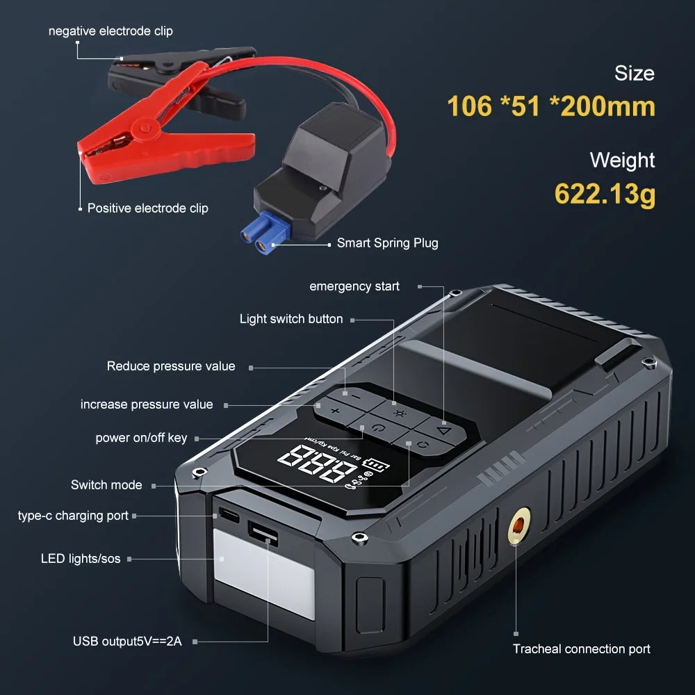 Motorcycle Jump Starter 4-in-1 with 150PSI Cordless Air Pump 12V Battery Booster Digital Tyre Inflator with LED Light