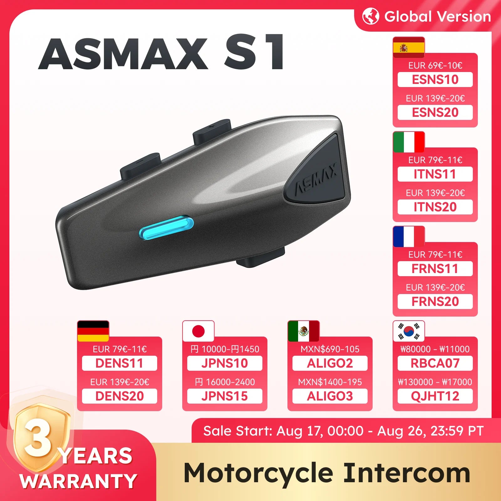 ASMAX S1 Motorcycle Bluetooth Intercom – 8-Rider Communication Headset
