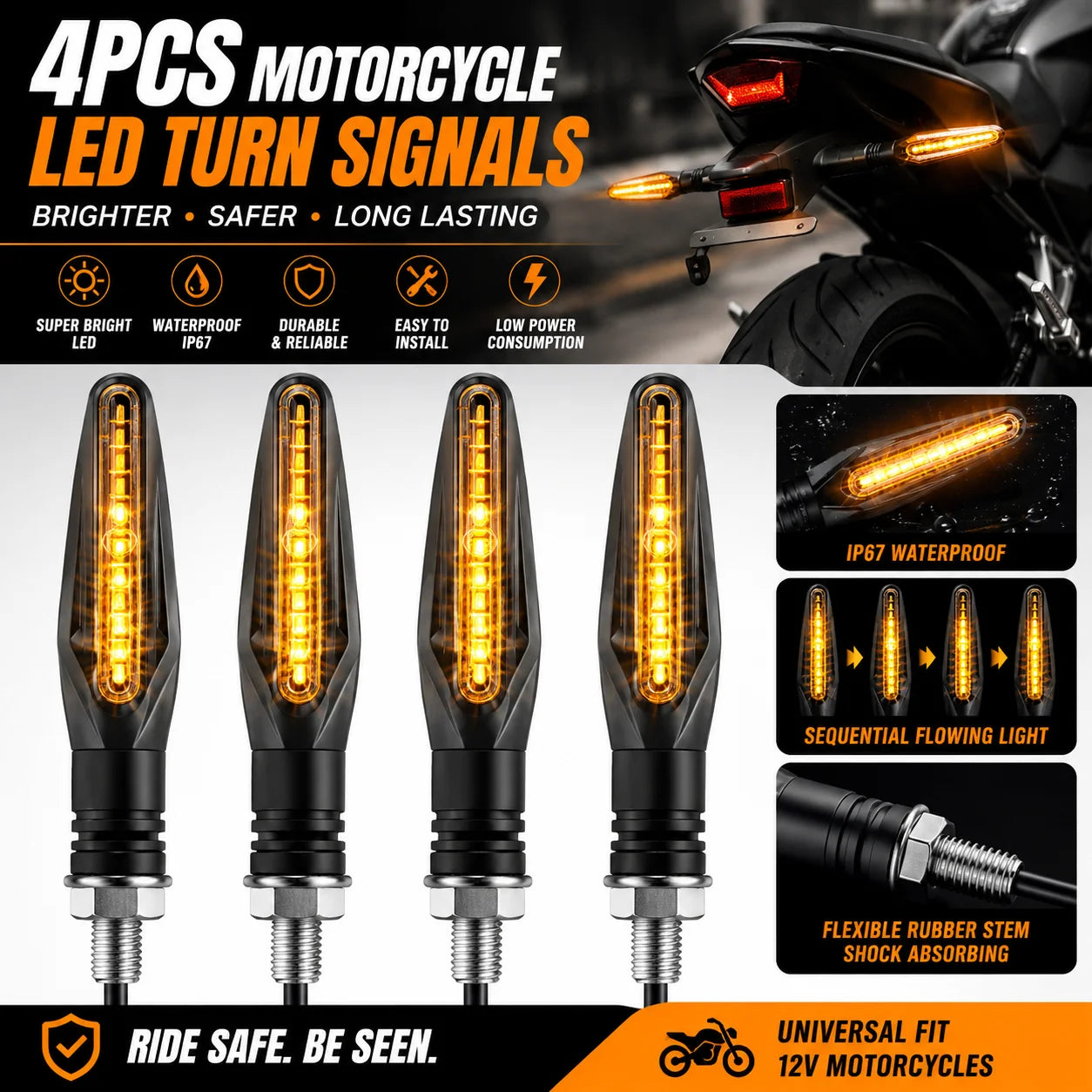 LED Turn Signal Bulbs – 4PCS Universal Sequential Flowing Amber 12V