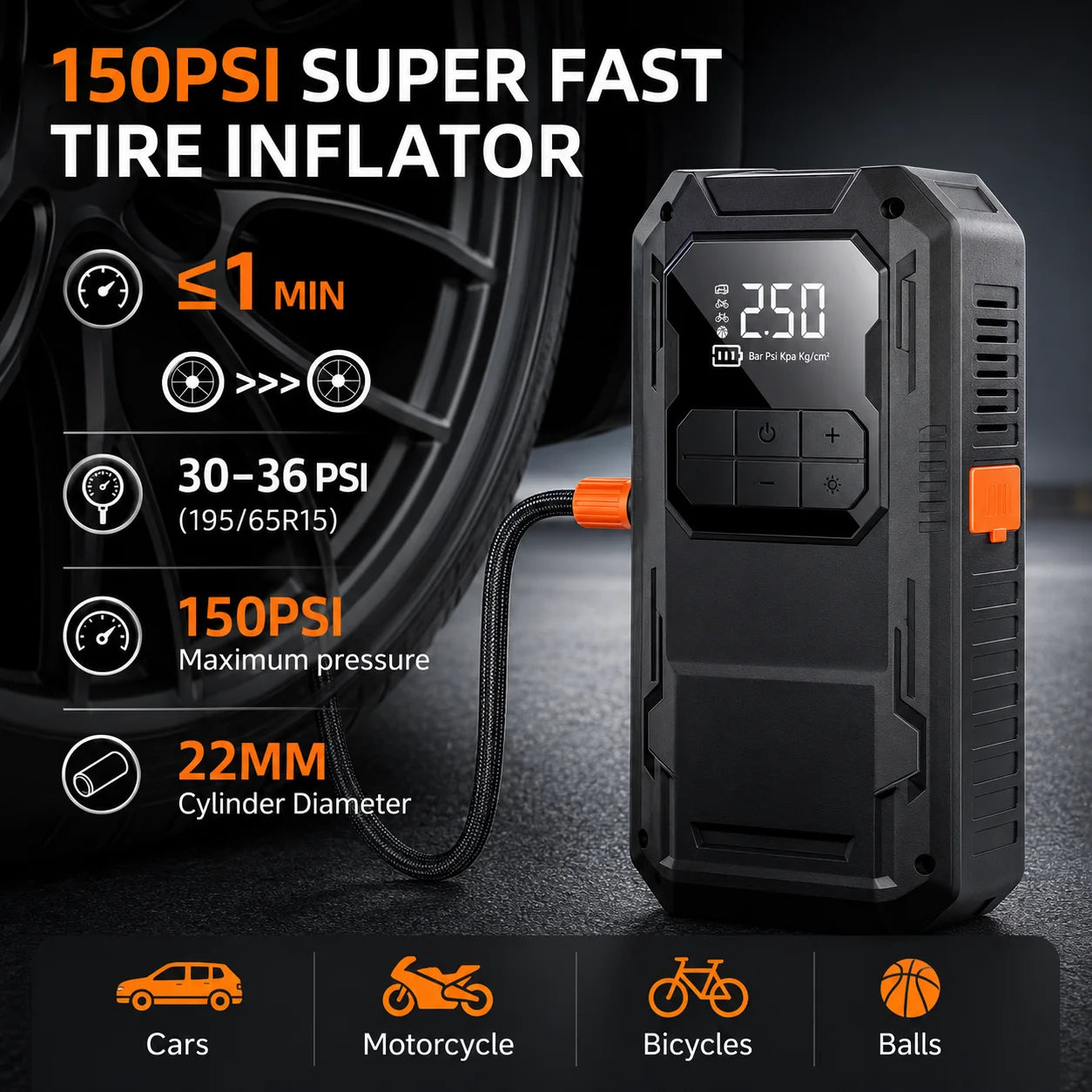 Motorcycle Jump Starter 4-in-1 with 150PSI Cordless Air Pump 12V Battery Booster Digital Tyre Inflator with LED Light