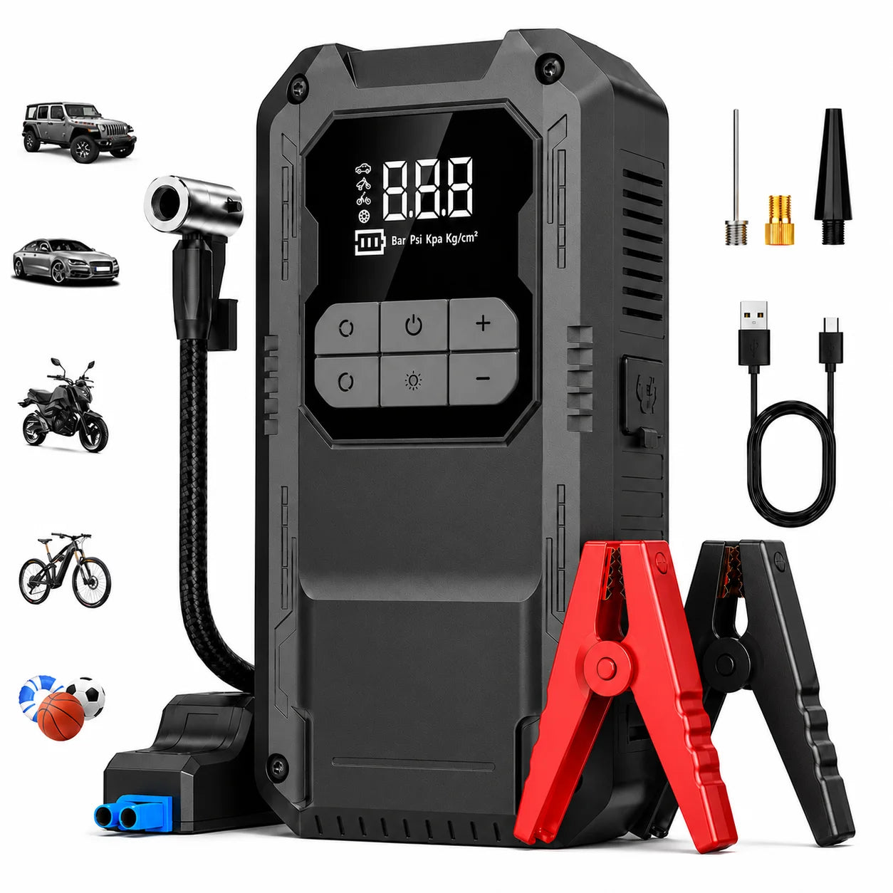 Motorcycle Jump Starter 4-in-1 with 150PSI Cordless Air Pump 12V Battery Booster Digital Tyre Inflator with LED Light