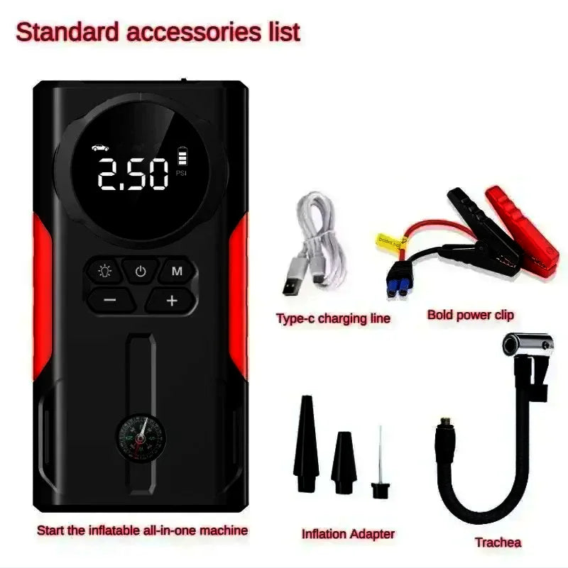 12V Jump Starter & Air Pump – 1800A Multi-Function Tire Inflator, LED SOS Light & Power Bank for Car, Motorcycle & Bicycle
