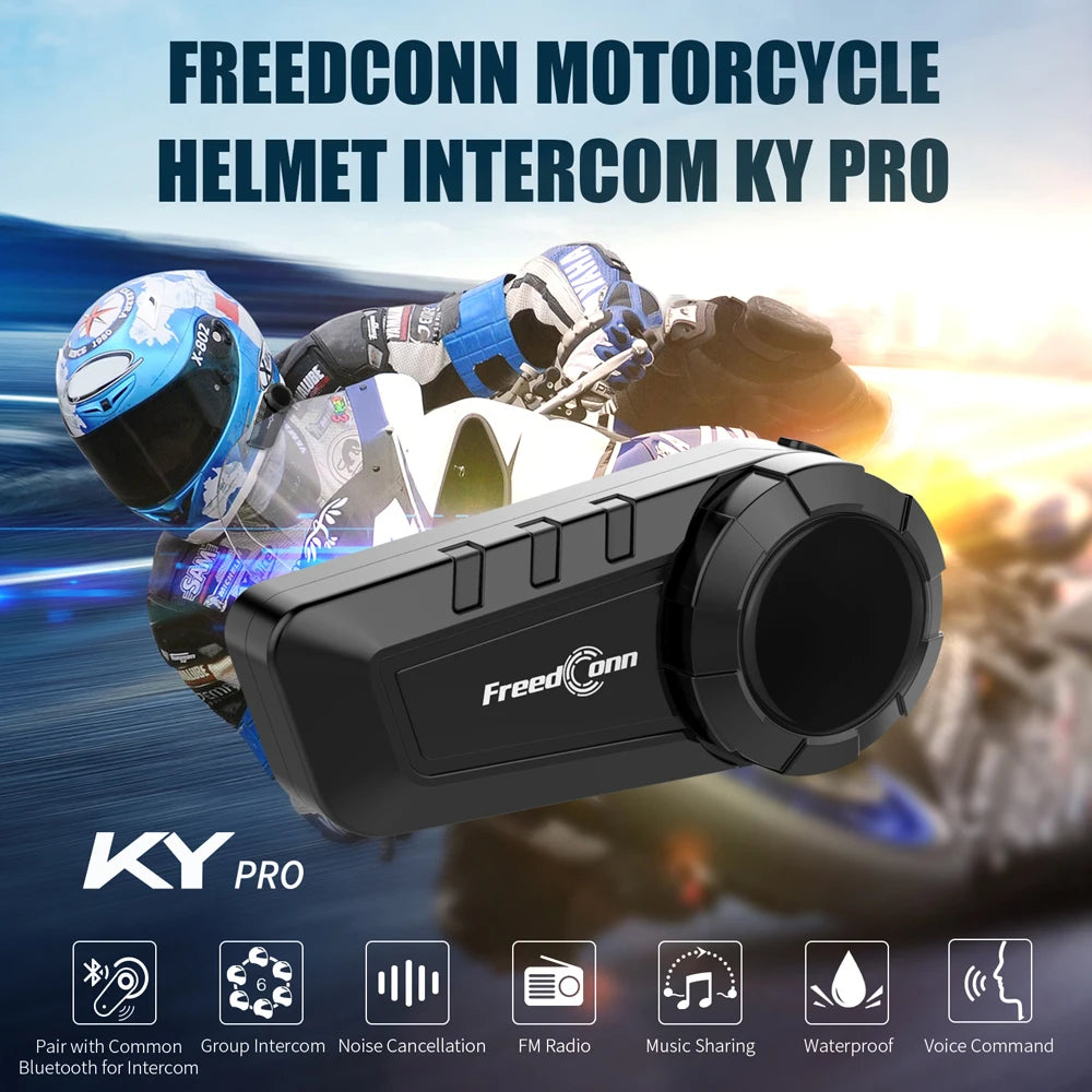 FREEDCONN KY Pro Motorcycle Bluetooth Intercom – 6-Rider 1000m