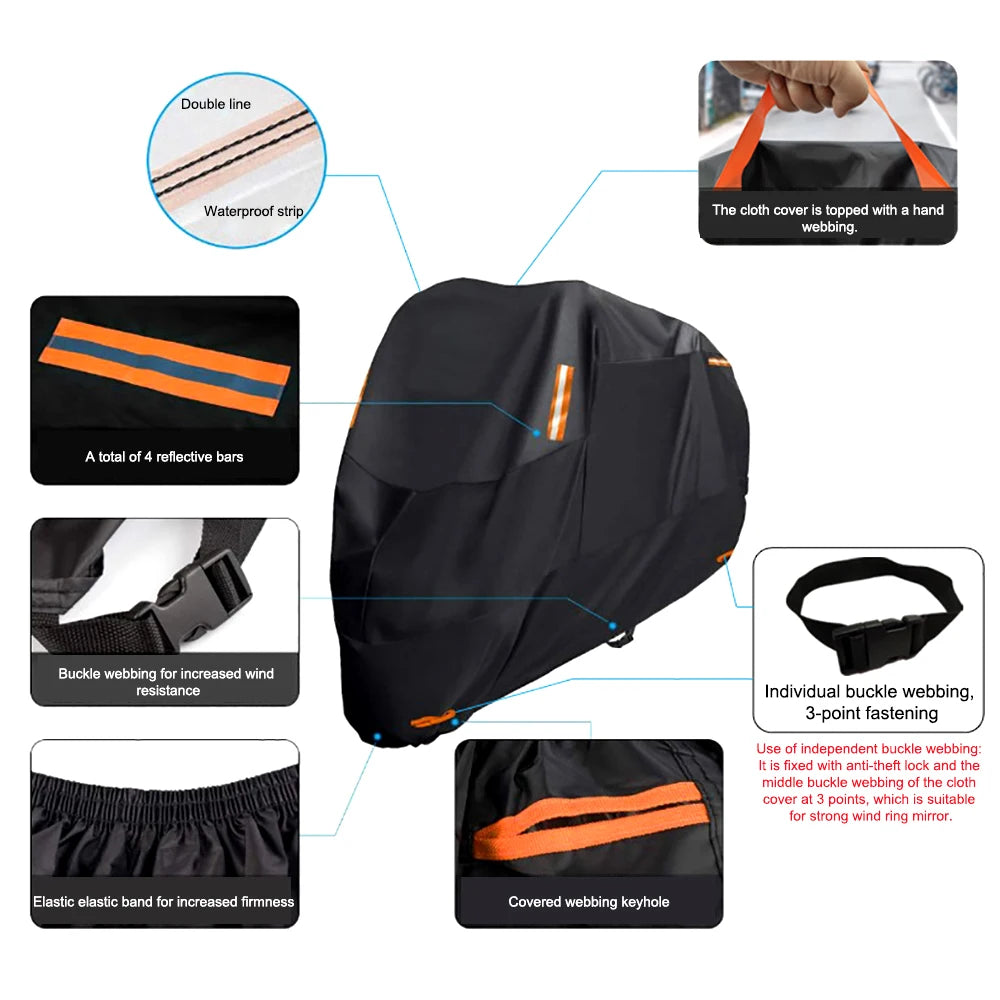 Thick 300D Motorcycle Covers Black Design Waterproof Motors Dust Rain Snow UV Protector Cover Indoor Outdoor M L XL XXL 3XL 4XL – 300D Polyester PU Silver Elasticized Hem + Reflective Stickers + Storage Bag