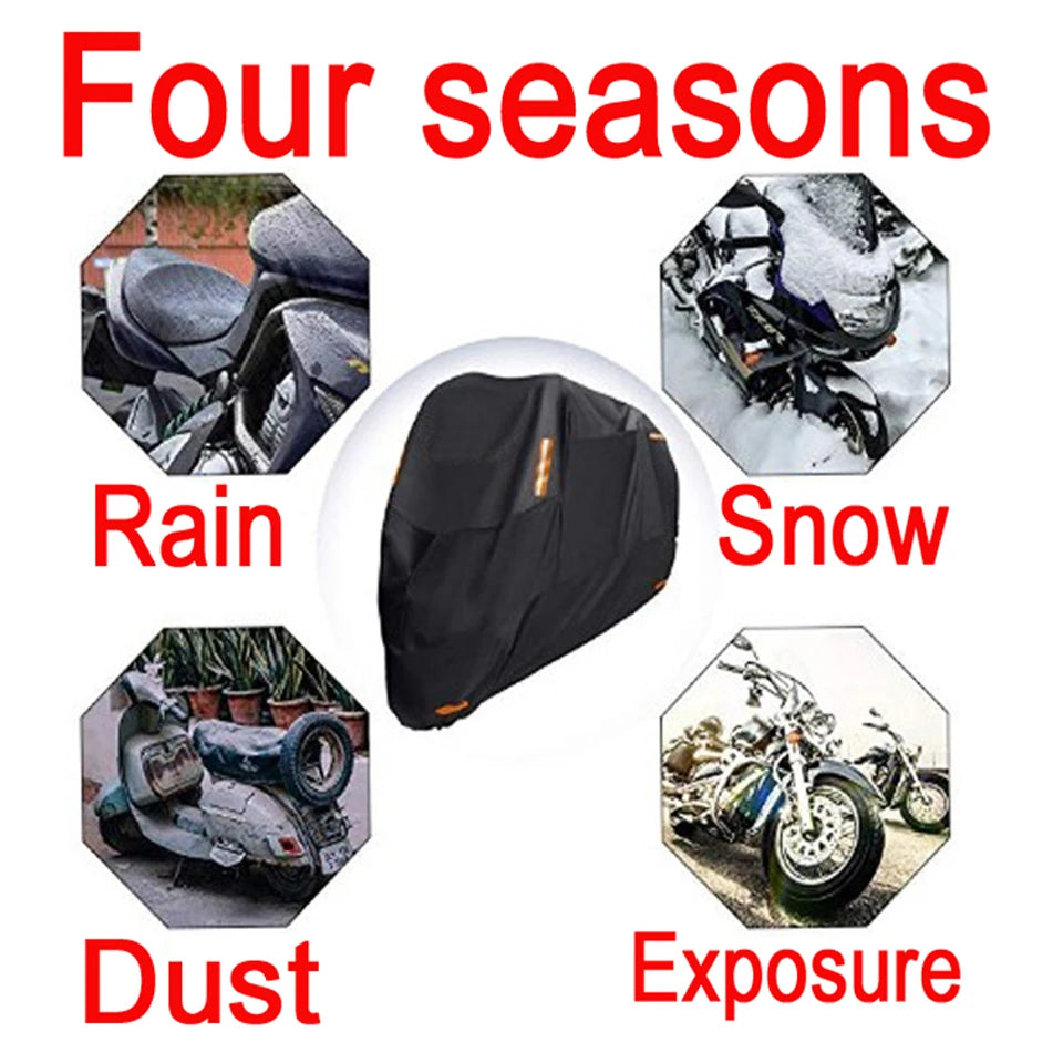 Thick 300D Motorcycle Covers Black Design Waterproof Motors Dust Rain Snow UV Protector Cover Indoor Outdoor M L XL XXL 3XL 4XL – 300D Polyester PU Silver Elasticized Hem + Reflective Stickers + Storage Bag