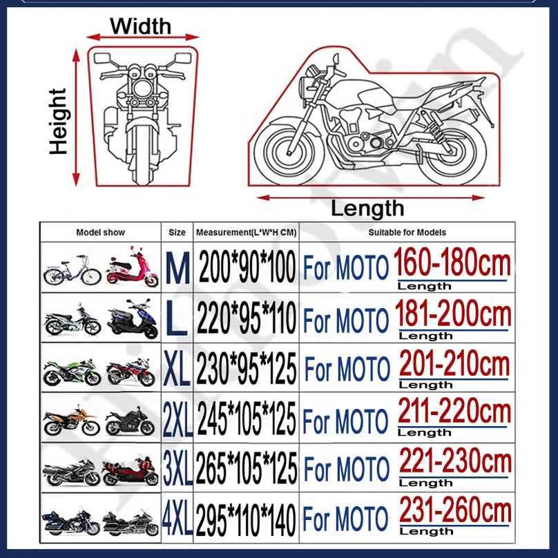 Thick 300D Motorcycle Covers Black Design Waterproof Motors Dust Rain Snow UV Protector Cover Indoor Outdoor M L XL XXL 3XL 4XL – 300D Polyester PU Silver Elasticized Hem + Reflective Stickers + Storage Bag