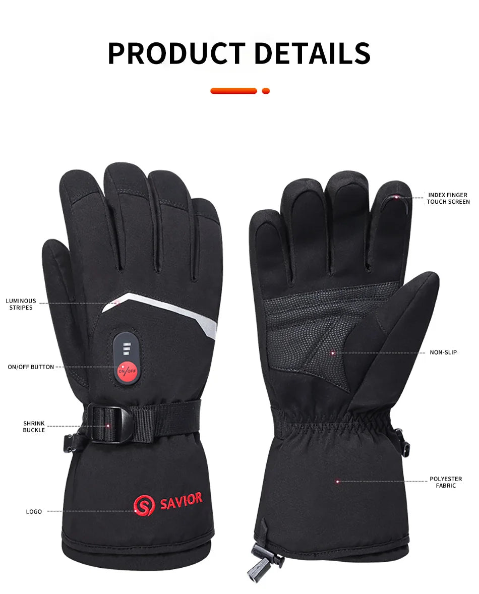Savior Heat Battery Heated Motorcycle Gloves Goat Skin Leather 3 Shift Temperature Control Waterproof Electric Heated Gloves