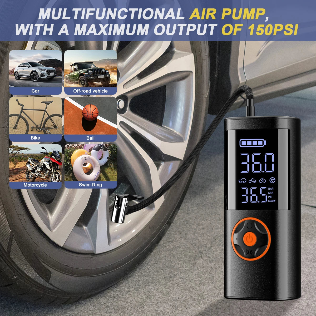 SERVOMASTER 7-in-1 Portable Jump Starter with Air Compressors – Multi-Pressure Inflator, LED Flashlight & Power Bank for Car, Motorcycle & Bicycle