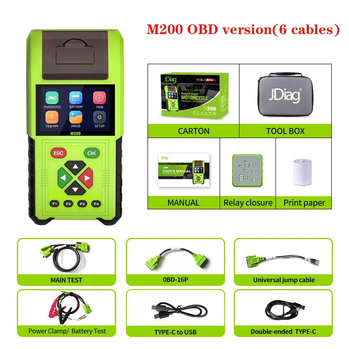 JDiag M200 Professional Motorcycle Diagnostic Scanner – Built-in Printer – 70+ Brands – Signal Simulator – Battery + Injector Test – $235–398