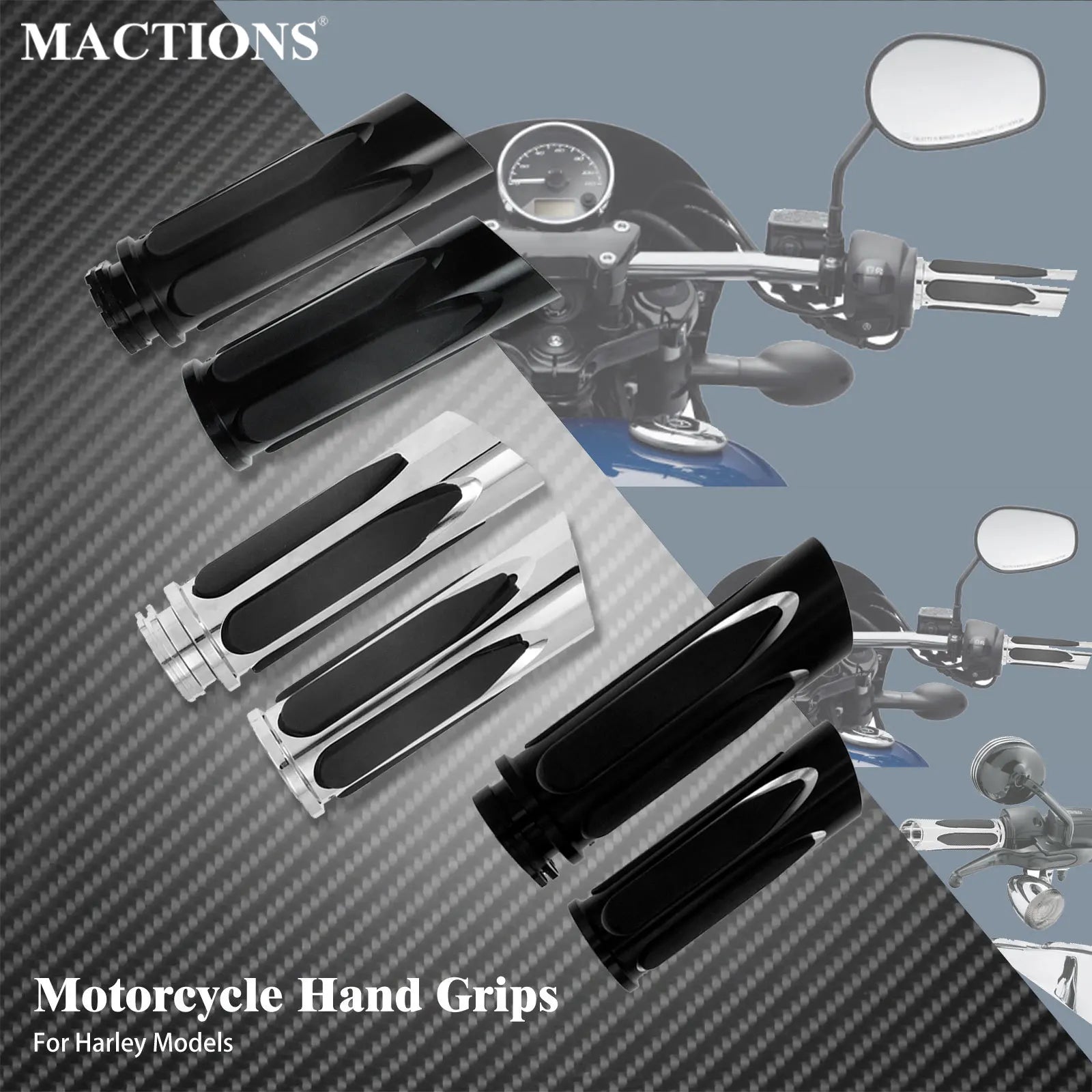 MACTIONS Harley-Davidson CNC Billet Aluminum Motorcycle Handlebar Grips 1" 25mm Rubber Vibration-Absorbing Hand Grips for Harley Touring Road King Sportster XL 883 1200 Dyna Softail V-Rod – 3 Styles (1 Pair)