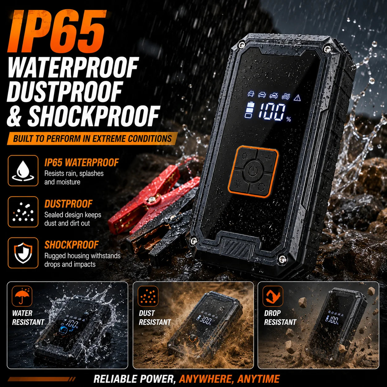 Rscrola Motorcycle Jump Starter 3000A with 150PSI Air Compressor Tyre Inflator Portable Power Bank LED Light 12V for Motorcycle SUV Truck