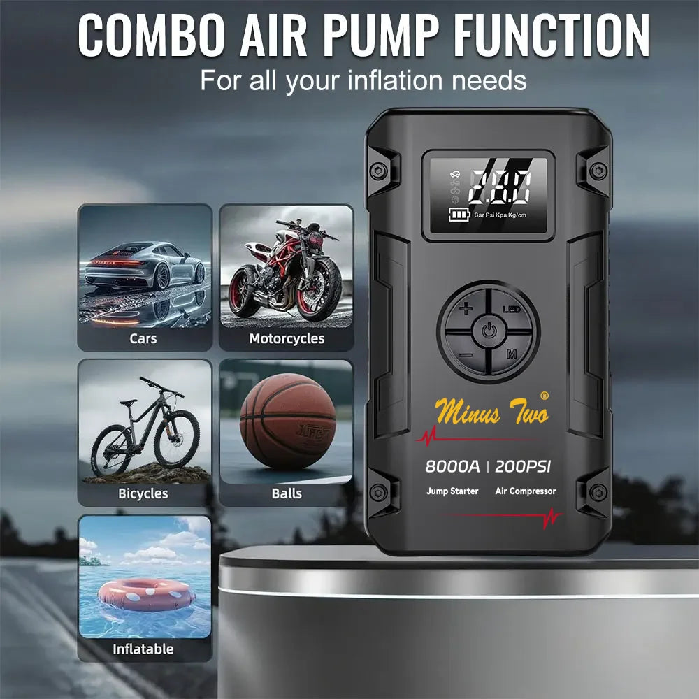 Motorcycle Jump Starter 8000A with 200PSI Air Compressor 4-in-1 Portable Power Bank Tyre Inflator Motorcycle Battery Booster Starting Device