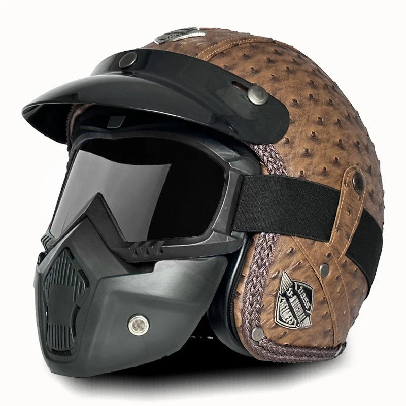 Open Face Helmets – Retro PU Leather Motorcycle Helmet, Vintage Cafe Racer Style, DOT & ECE Certified