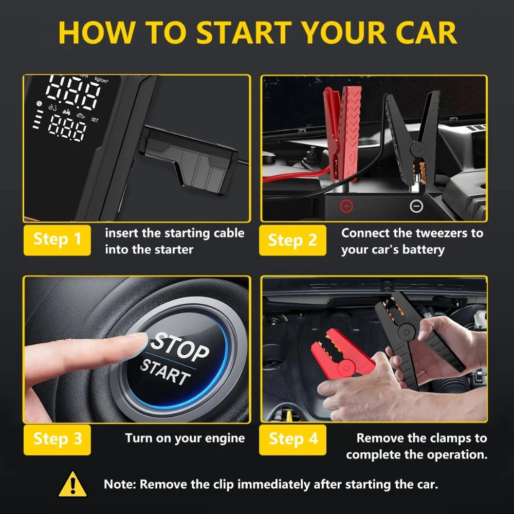 Motorcycle Jump Starter Q28 4000A with 150PSI Air Compressor Portable Power Bank Tyre Inflator 400 Lumen LED Light 12V