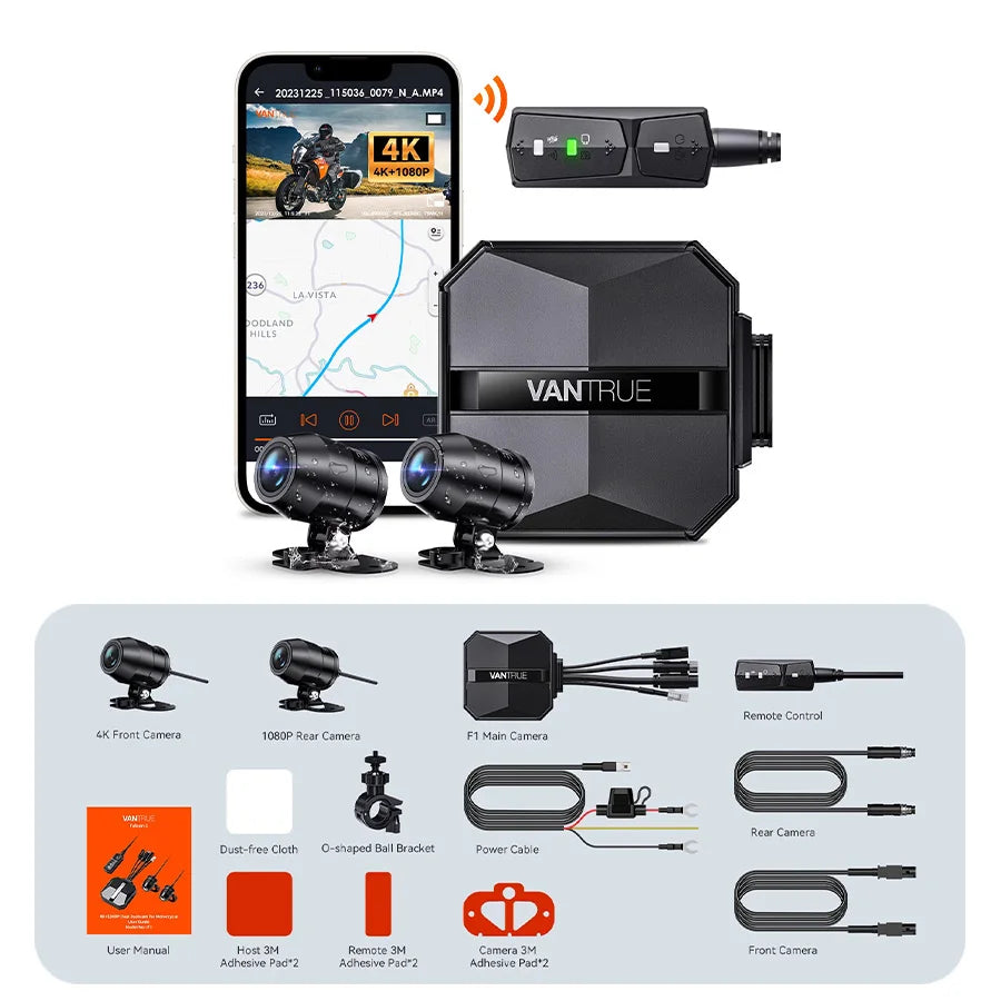 Vantrue F1 Motorcycle Dash Cam 4K Front 1080P Rear IP67 Waterproof WiFi GPS 160° 24H Parking Mode Wired Remote Motorcycle Camera DVR STARVIS OTA 18-Month Warranty