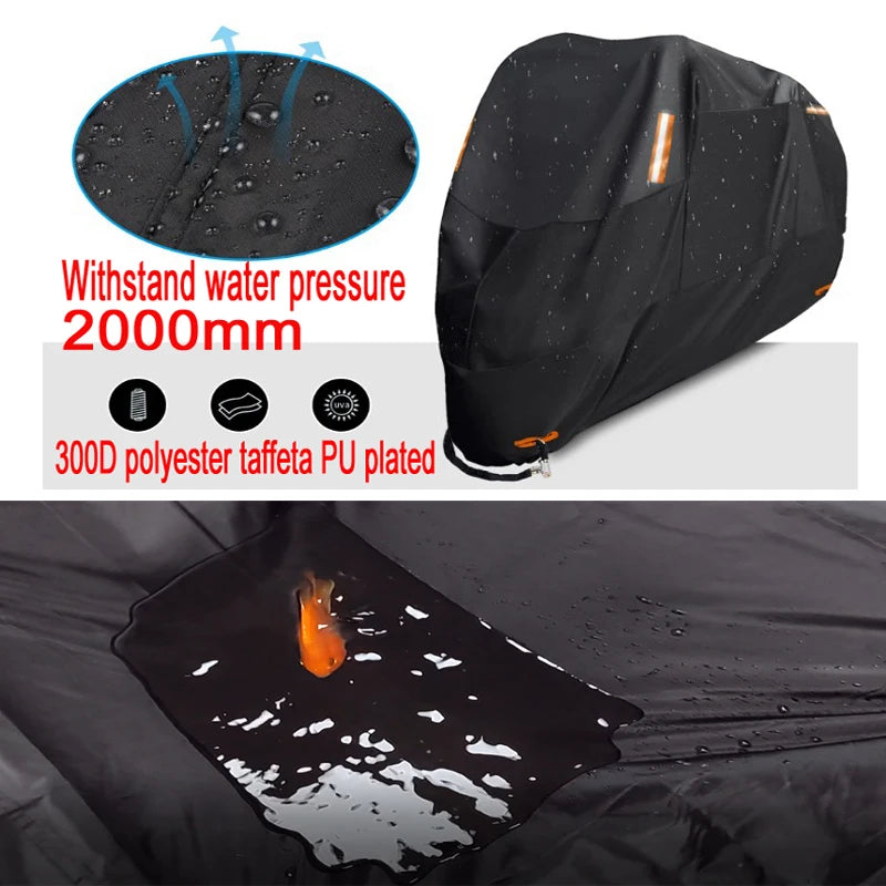 Thick 300D Motorcycle Covers Black Design Waterproof Motors Dust Rain Snow UV Protector Cover Indoor Outdoor M L XL XXL 3XL 4XL – 300D Polyester PU Silver Elasticized Hem + Reflective Stickers + Storage Bag