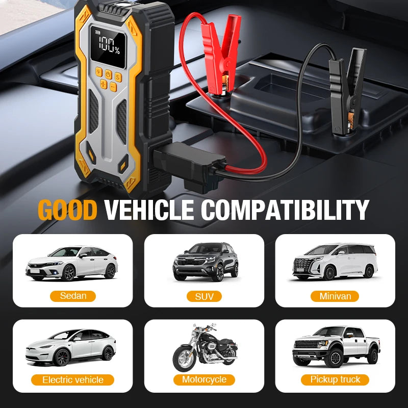 Motorcycle Jump Starter with Air Compressors LCD Screen 30000mAh Portable Booster Charger 7000A Powerful Motorcycle Battery Starting Device
