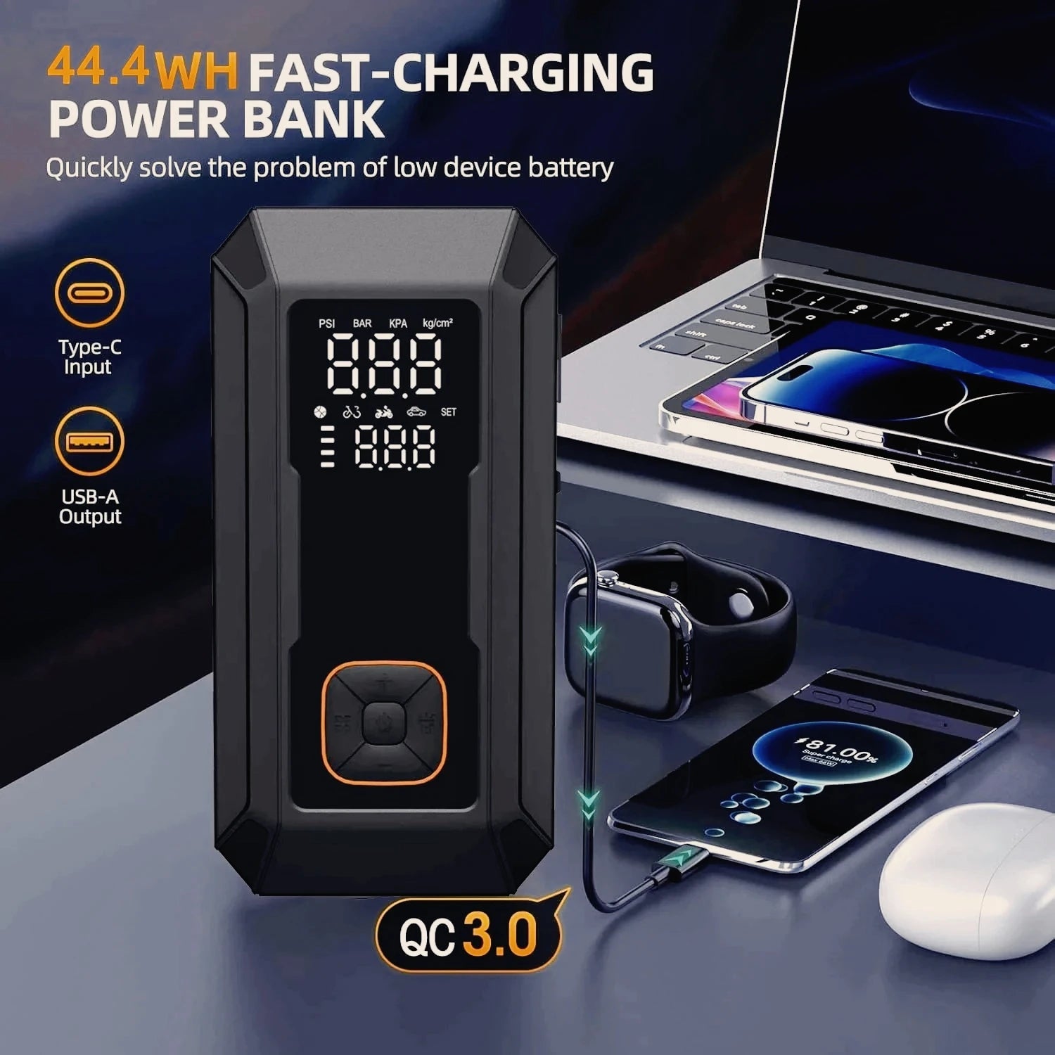 Motorcycle Jump Starter Q28 4000A with 150PSI Air Compressor Portable Power Bank Tyre Inflator 400 Lumen LED Light 12V
