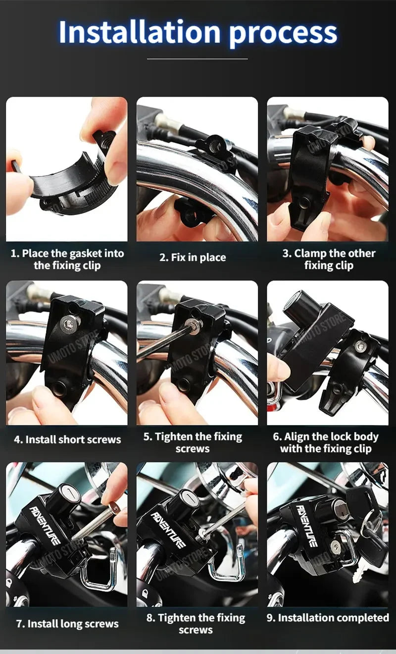 Set Helmet Motorcycle Anti-Theft Lock for Adventure Universal Metal Lock Handlebar Mountable Fits E-Bikes Scooters Bicycles – Aluminum Alloy Waterproof Rust-Proof Black