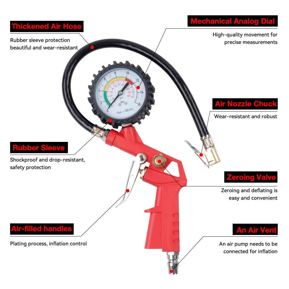 0–220 PSI / 0–16 Bar Tire Pressure Gauge – Dual Scale