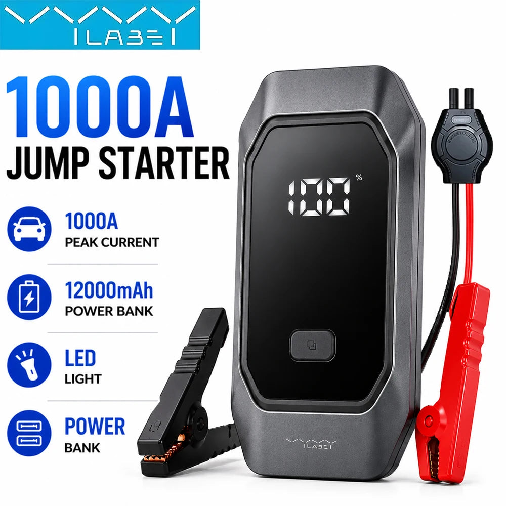 Vyvylabs 12000mAh Car Jump Starter – 1000A Peak 12V Portable Battery Booster Pack with Power Bank, LED Flashlight & Digital Display