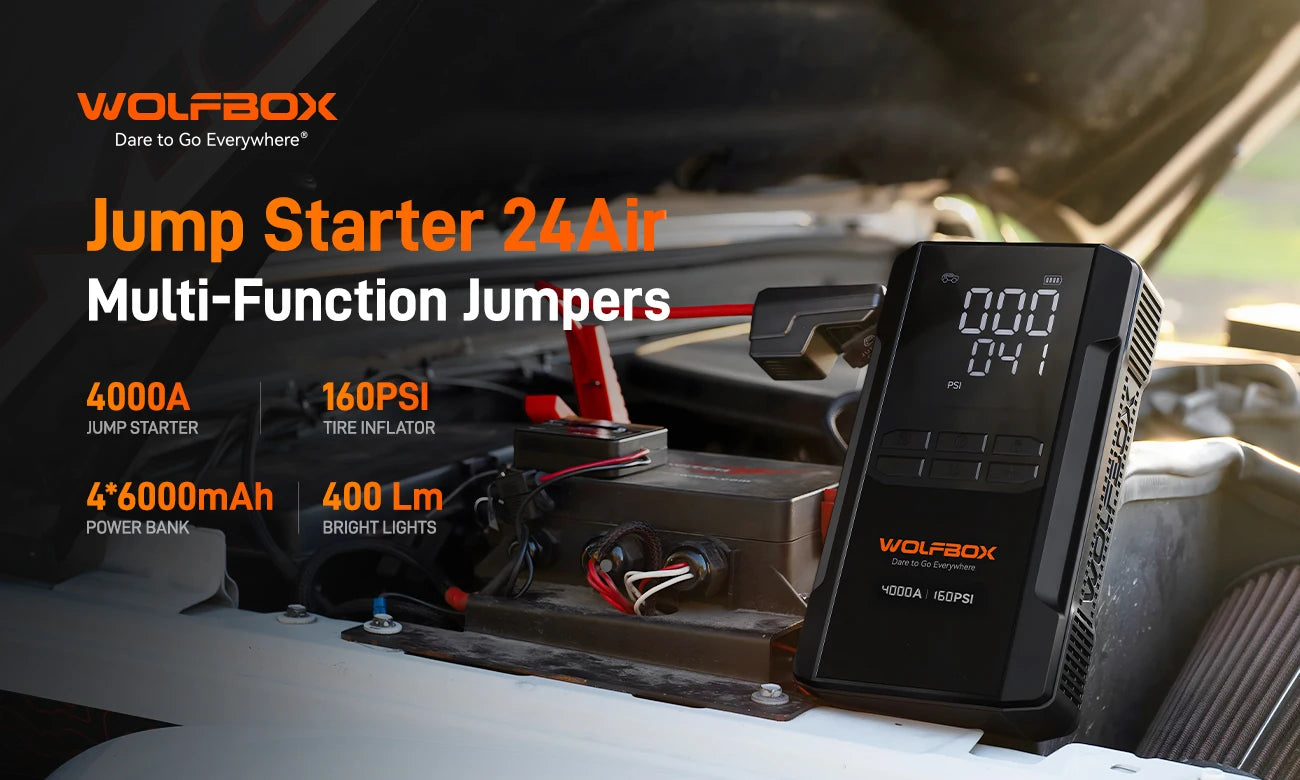 WOLFBOX JS24AIR Motorcycle Jump Starter 4000A with 160PSI Air Compressor 88.8Wh Portable Jump Box Tyre Inflator LED Light 12V (10L Gas / 10L Diesel)