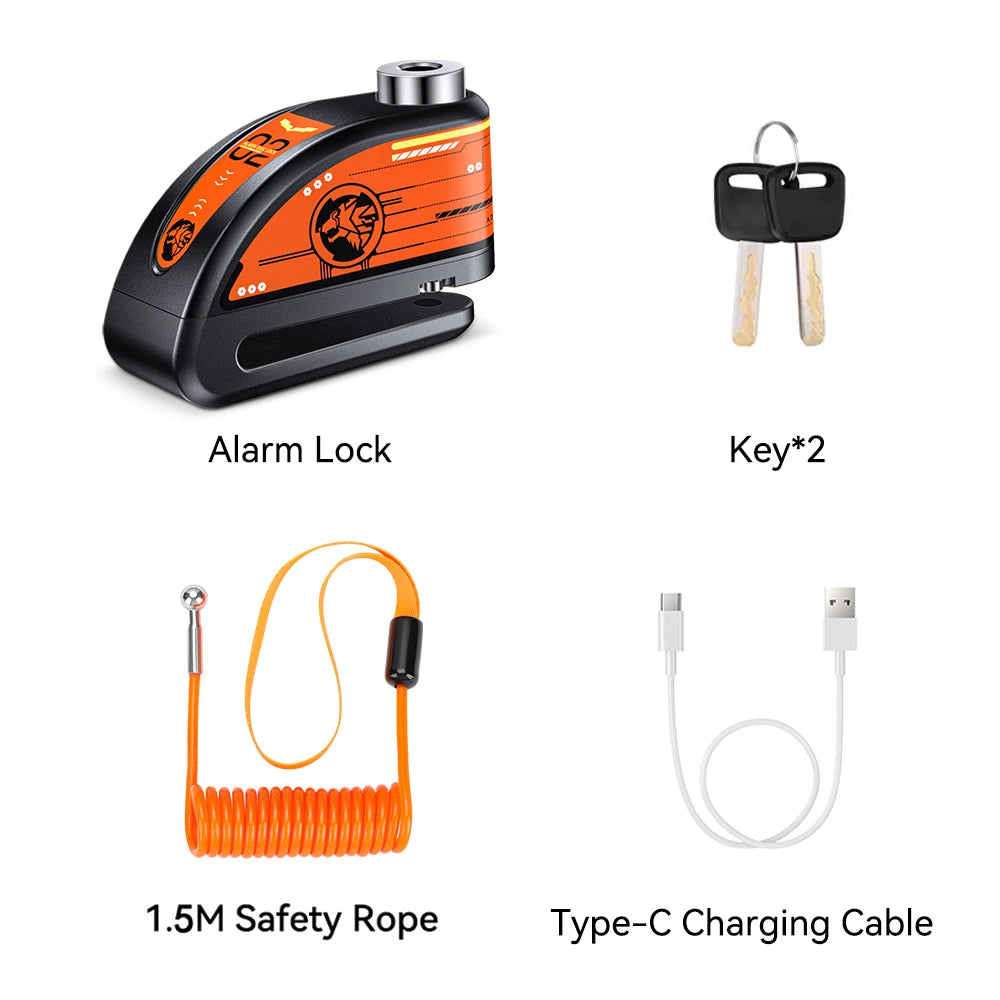 Extractme Motorcycle Alarm Disc Brake Lock Security Moto Wheel Disk Padlock Waterproof 120dB Anti-Theft – Fingerprint / Combination / Charging Style – USB-C – 7mm – With or Without Rope