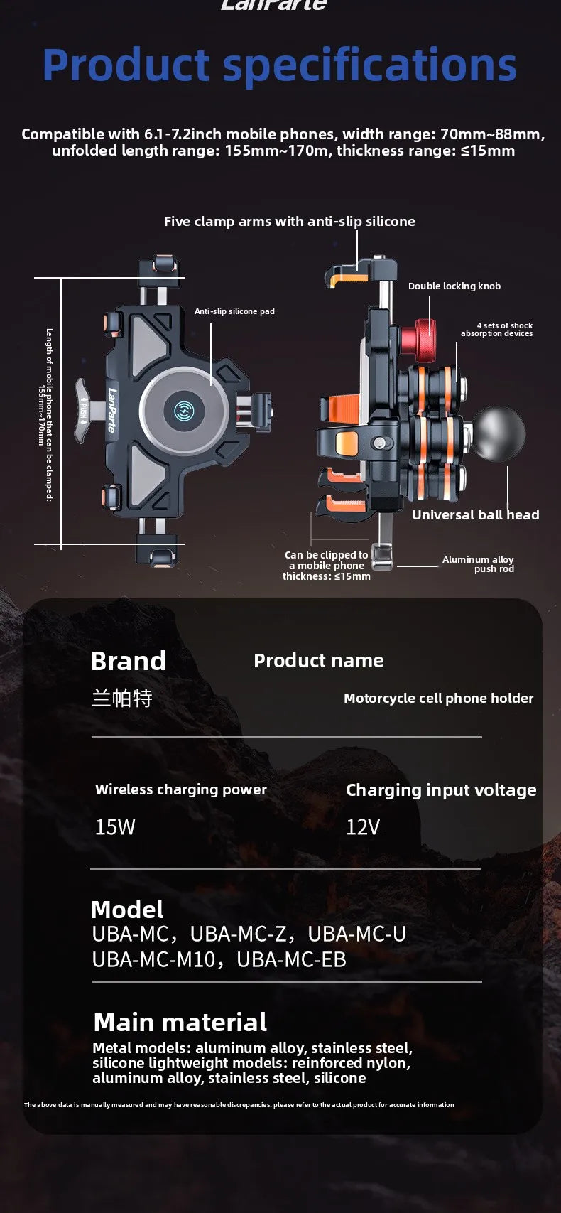 Metal Shockproof Motorcycle Phone Holder 4 Vibration Dampener 15W Wireless Charger Fast Charging Motorbike Bicycle Bike Stand