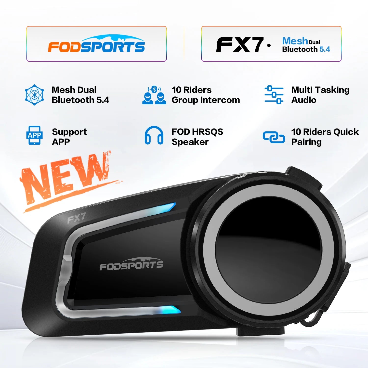 FODSPORTS FX7 Motorcycle Bluetooth Intercom – 10-Rider Mesh 2000m