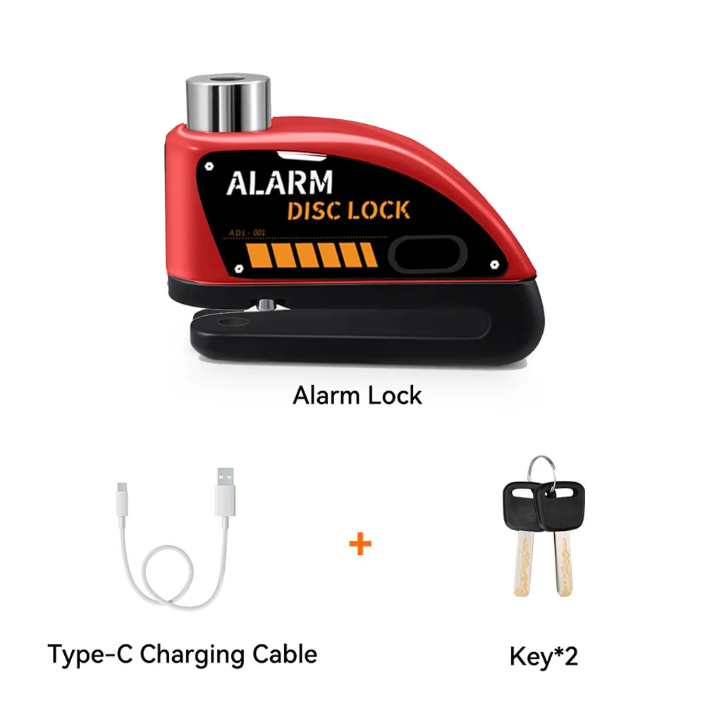 Extractme Motorcycle Alarm Disc Brake Lock 120dB Bicycle Wheel Disk Padlock Security Anti-Theft Lock Scooter – USB-C Rechargeable – 7mm – With or Without Rope – Red Black Blue Green Yellow
