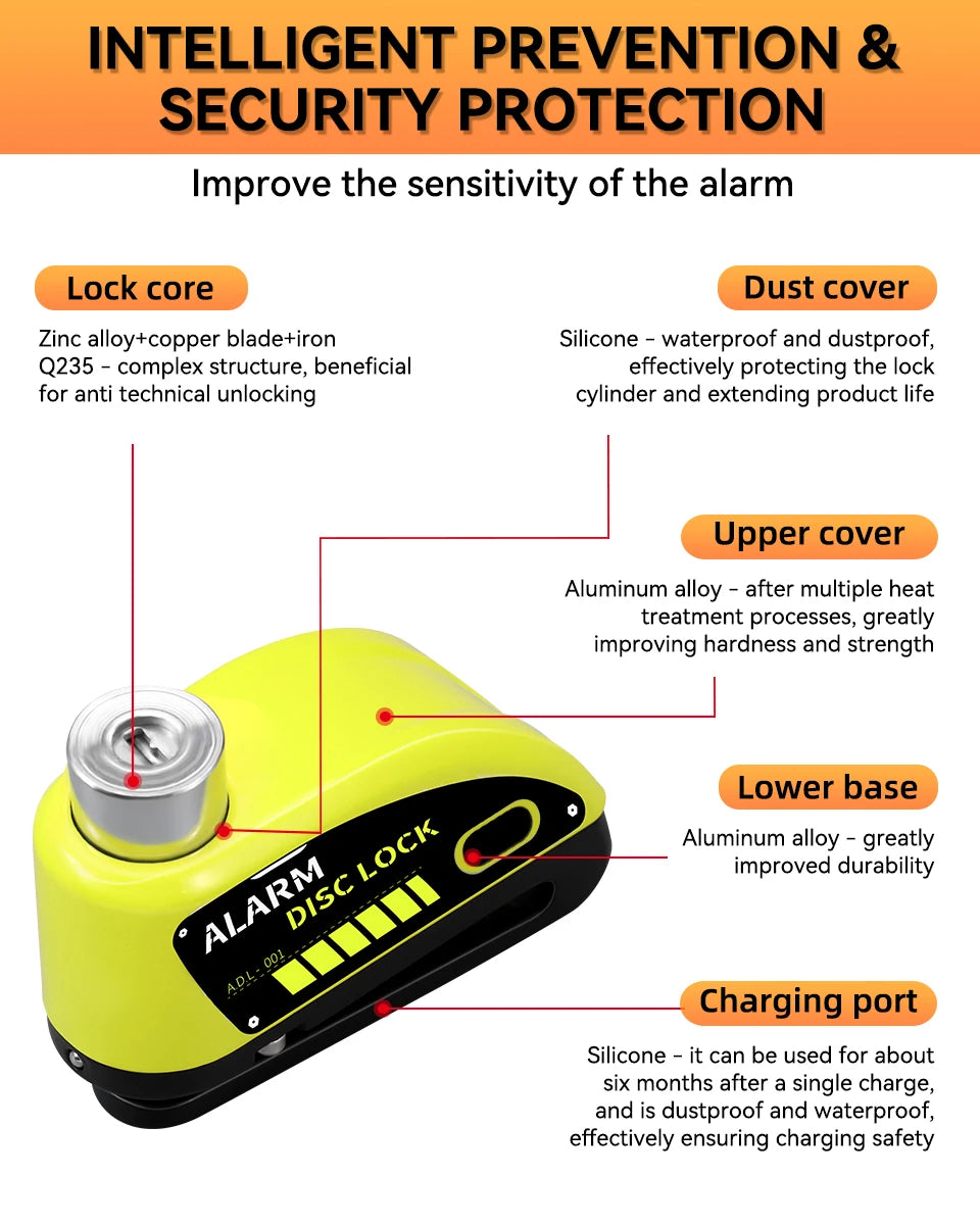 Extractme Motorcycle Alarm Disc Brake Lock 120dB Bicycle Wheel Disk Padlock Security Anti-Theft Lock Scooter – USB-C Rechargeable – 7mm – With or Without Rope – Red Black Blue Green Yellow