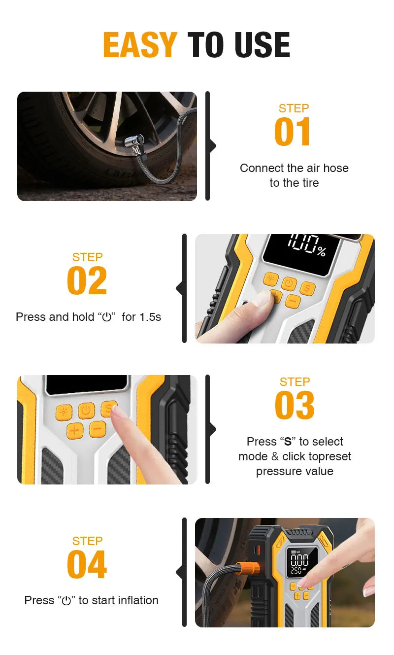 Motorcycle Jump Starter with Air Compressors LCD Screen 30000mAh Portable Booster Charger 7000A Powerful Motorcycle Battery Starting Device