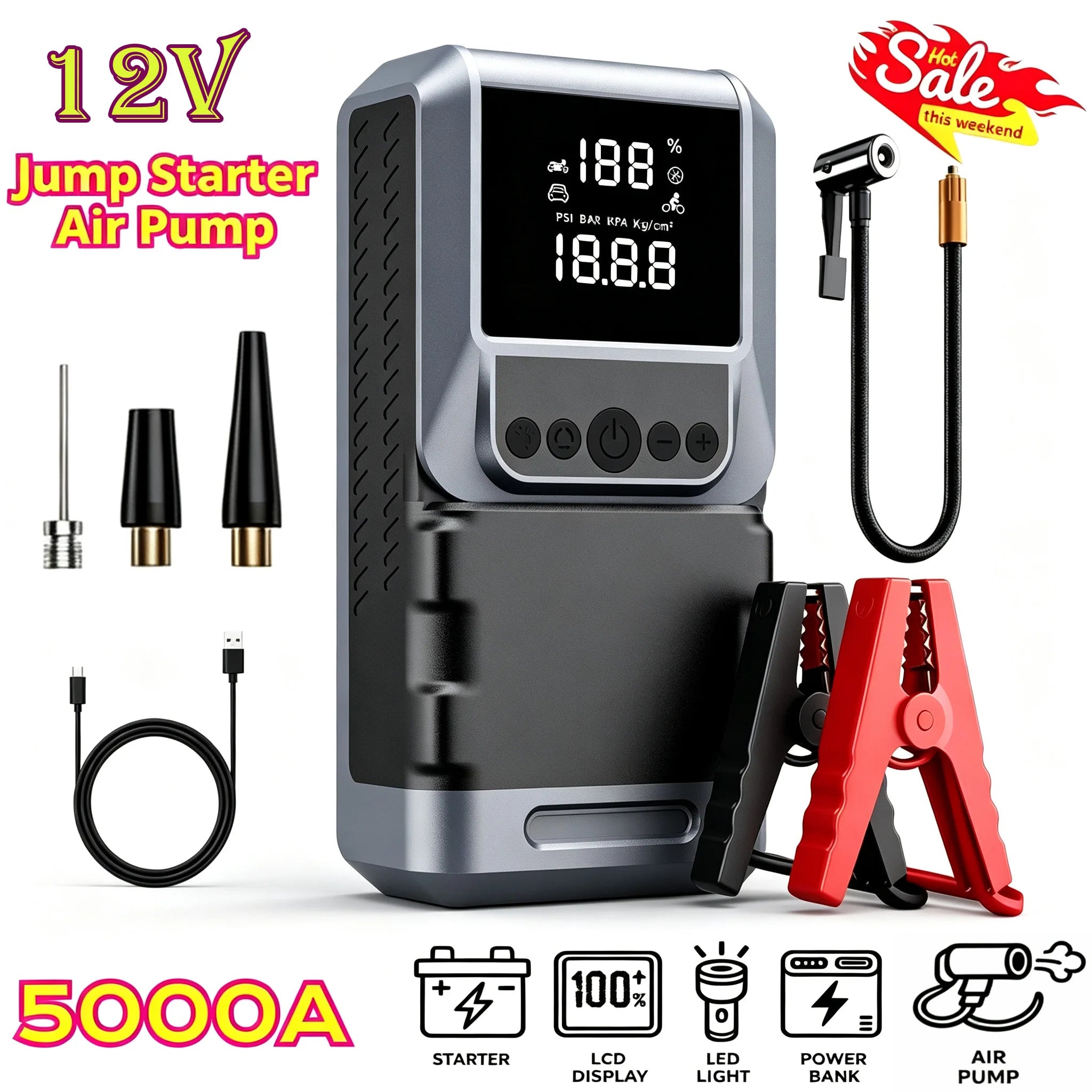 Rscrola CQS03 Motorcycle & Bike Jump Starter 5000A with 150PSI Air Compressor Auto Tyre Inflator Large LCD Display LED Light 12V