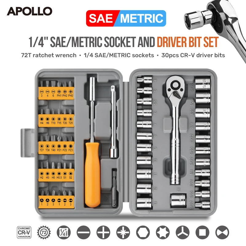 Hi-Spec 57-Piece 1/4" Drive Socket Ratchet Wrench Set – Car / Bike / Motorcycle Repair – Hex & Phillips Bits – Storage Case – $42