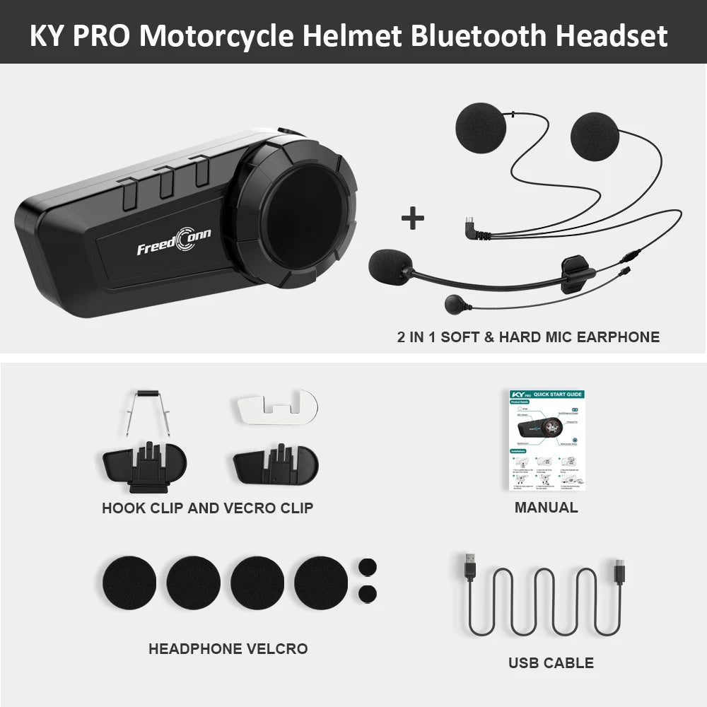 FREEDCONN KY Pro Motorcycle Bluetooth Intercom – 6-Rider 1000m
