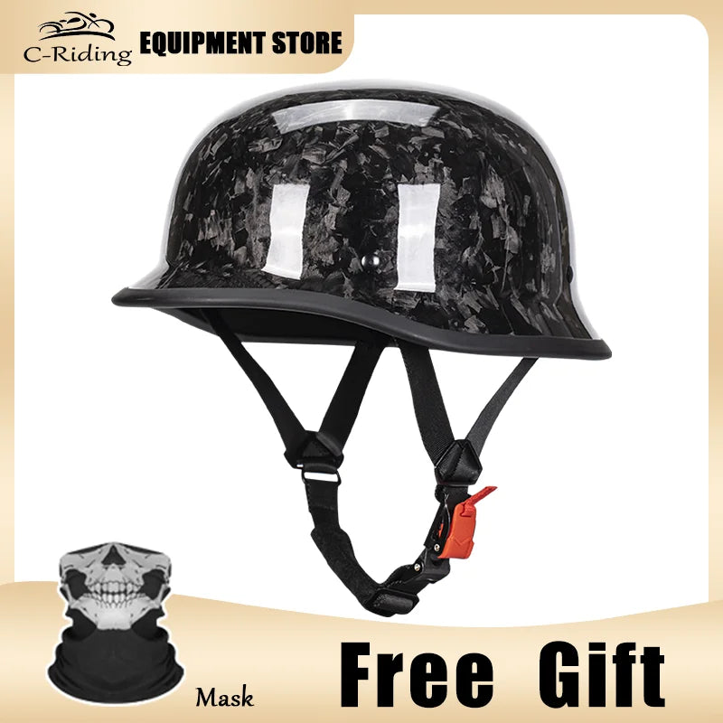 Carbon Fiber Helmets – DOT Certified 12K Carbon Fiber Half Face Motorcycle Helmet, Vintage German-Style Cruiser