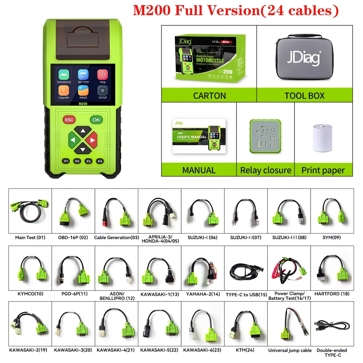 JDiag M200 Professional Motorcycle Diagnostic Scanner – Built-in Printer – 70+ Brands – Signal Simulator – Battery + Injector Test – $235–398