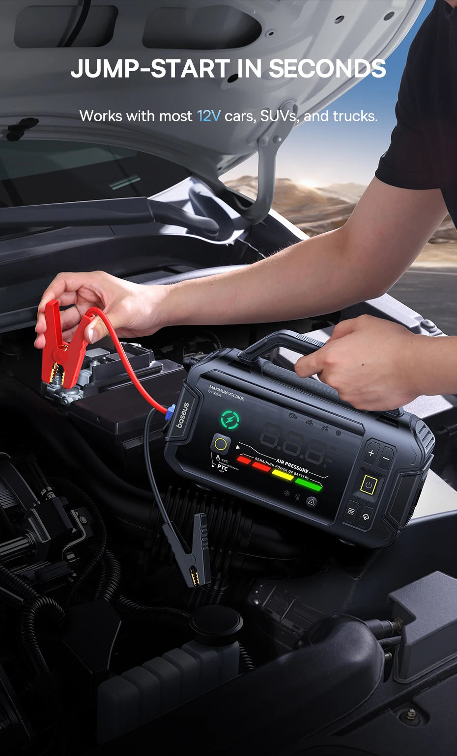 Baseus PrimeTrip VJ1 Motorcycle Jump Starter 3000A 4-in-1 with 150PSI Air Compressor 21600mAh Power Bank Patented PTC Heating LED Light