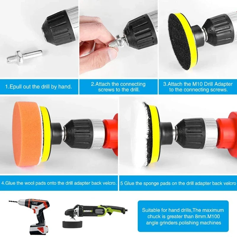 Car & Motorcycle Foam + Wool Polishing Pad Kit – 3" & 5" Sponge Buffer Set – Waxing Polishing Sealing – Drill Compatible – 5 / 11 / 22 / 39 Pcs – $20–30