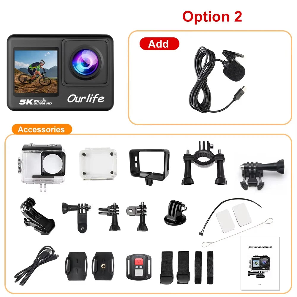 OURLIFE 5K Action Camera 4K60FPS 48MP Sony Sensor 2.0" Touch Screen WiFi EIS 170° Wide-Angle 30M Waterproof Remote Control Sports Camera for Bicycle Motorcycle Diving Outdoor