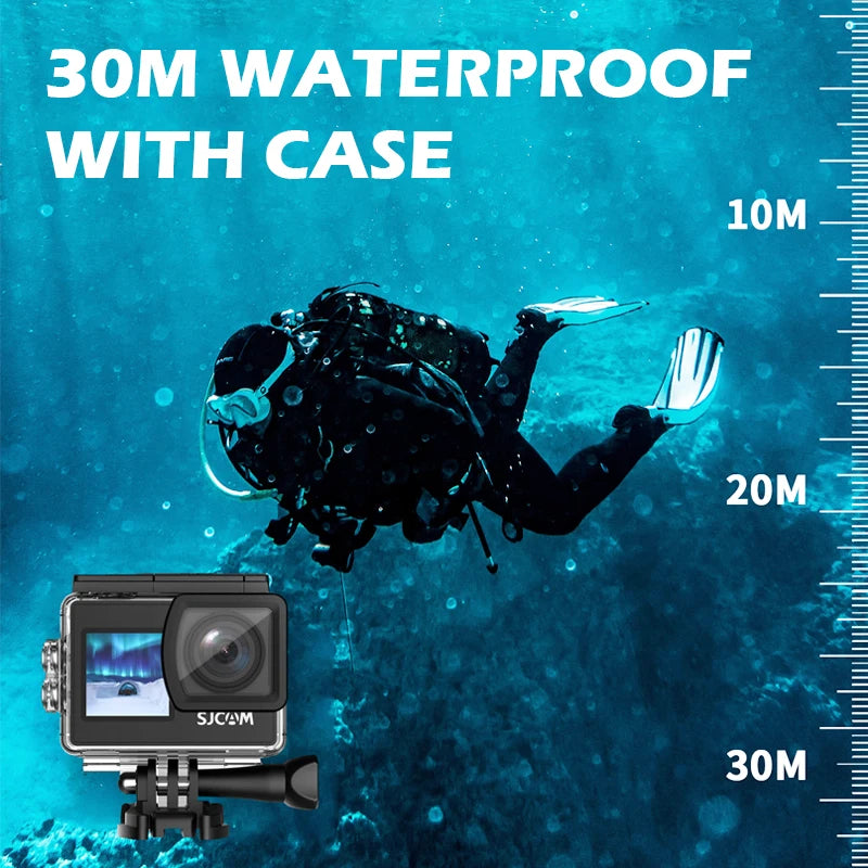 SJCAM SJ4000 Dual Screen 4K 30fps Action Camera 2.0" Rear + 1.3" Front Screen 170° Wide-Angle 30M Waterproof 2.4G WiFi Anti-Shake Car Mode Loop Recording Sports Camera for Motorcycle Bicycle Helmet Diving