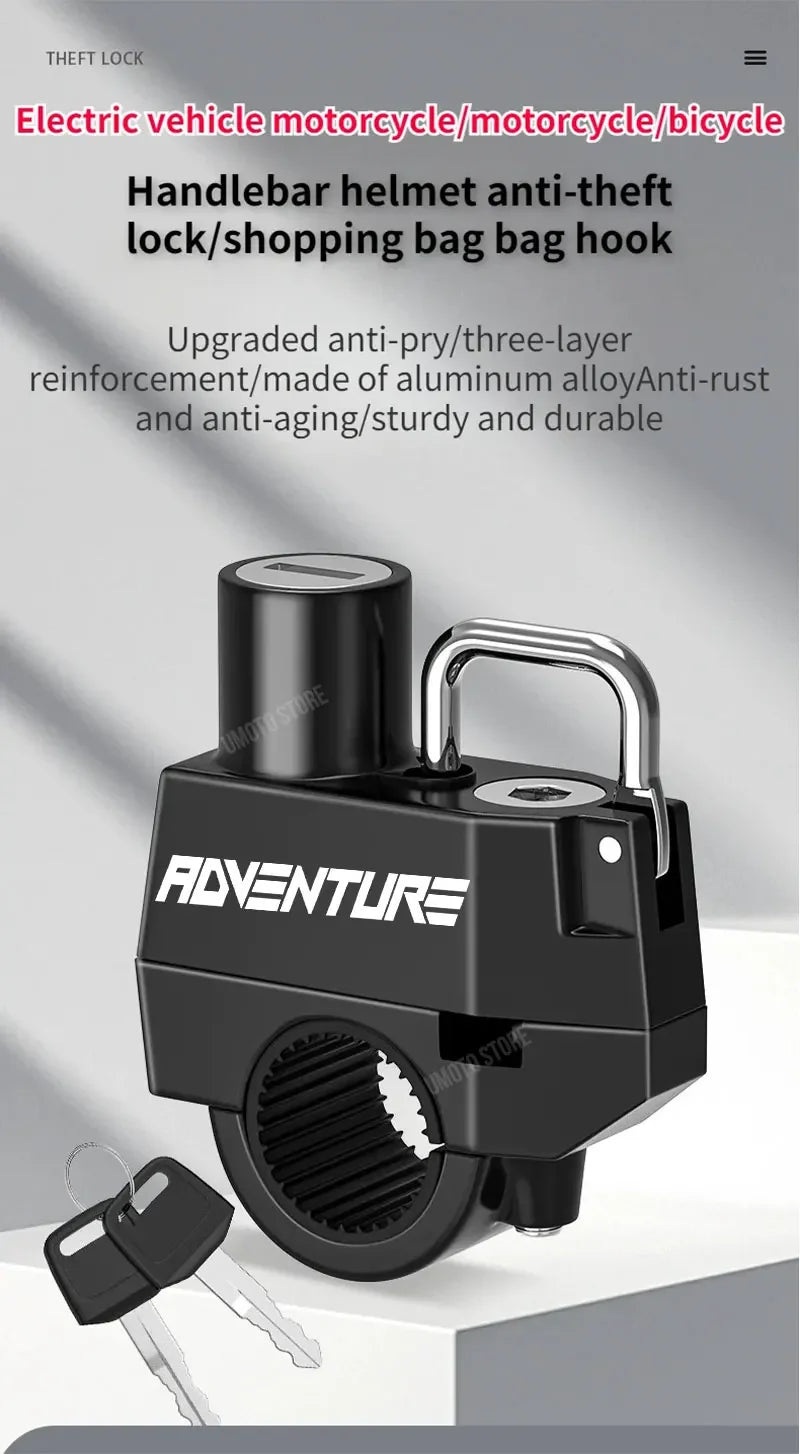 Set Helmet Motorcycle Anti-Theft Lock for Adventure Universal Metal Lock Handlebar Mountable Fits E-Bikes Scooters Bicycles – Aluminum Alloy Waterproof Rust-Proof Black