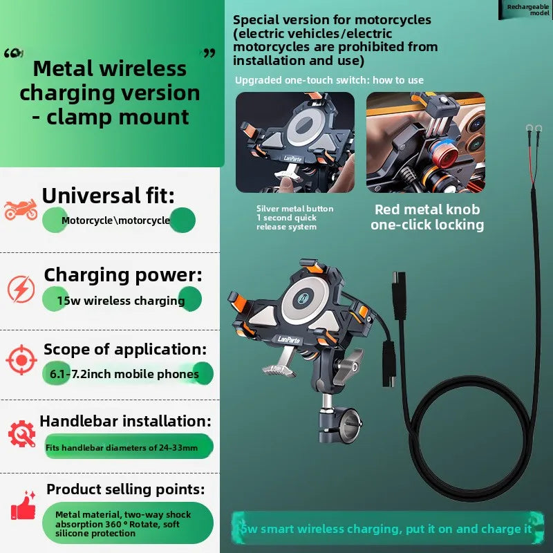 Metal Shockproof Motorcycle Phone Holder 4 Vibration Dampener 15W Wireless Charger Fast Charging Motorbike Bicycle Bike Stand